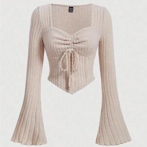 SHEIN Top Women’s Medium Mod Front Flare Sleeve Lettuce‎ Trim Beige Asymmetrical